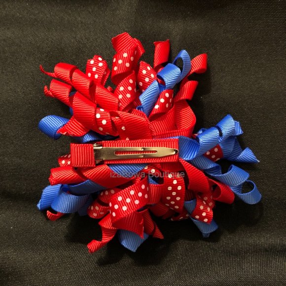 Royal Blue, Red & Red Polka Dot Korker Bow (2) 4B2108 Handmade NWT Boutique - Picture 2 of 3